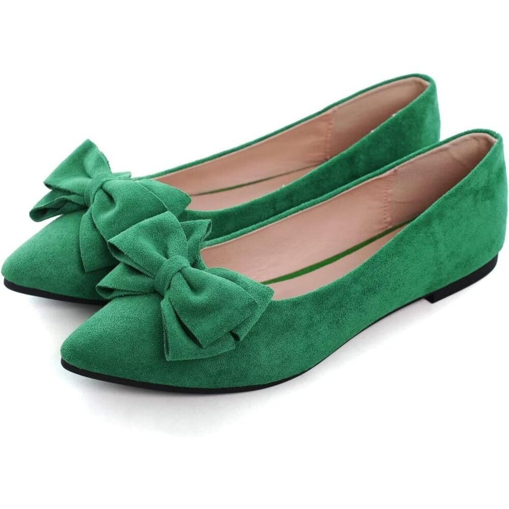 Women's Grass Green Bowknot Ballet Flats Pointy Toe Casual Flat Shoes Suede - Picture 2 of 6